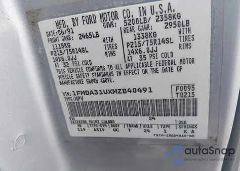 1991 Ford Aerostar z USA, uszkodzony, nr VIN 1FMDA31UXMZB40491